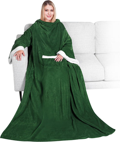 PAVILIA Wearable Blanket with Sleeves and Pocket for Women Men, Sherpa Trim