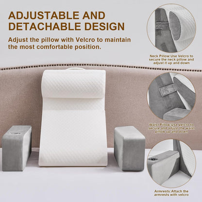 Reading Pillow for Sitting in Bed Adult, Back Pillow for Bed Sitting up with Arms, Pockets and Cup holder, Sit Up Backrest Pillows for Beds Chair Support, Rest Pillow for Gaming (Light gray)