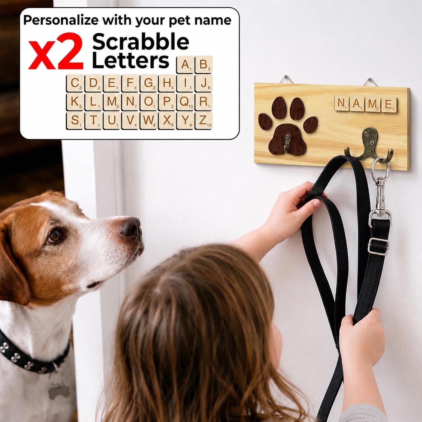 Dog Leash Holder Wall Mount, Pet Harness Hanger with Scrabble Letters, Dog Collar Organizer for Entryway, Memorial Cat Leash Holder for Wall, Pet Loss Gifts, Keepsake, Home Decor PF212-NAT