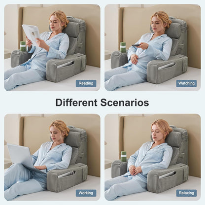 Reading Pillow for Bed with Adjustable Armrests and Side Pockets, Back Pillow for Bed Sitting Up, Sit Up Pillow, and Bed Pillows for Sitting Up, Ideal for Reading, Watching TV and Relaxing, Light Gray