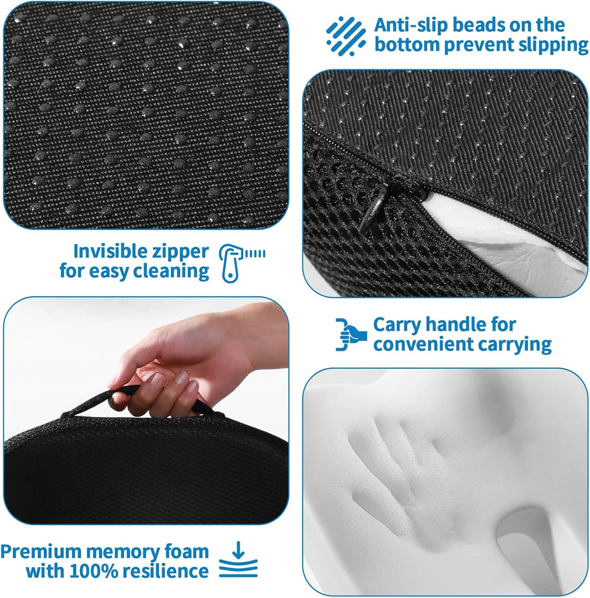 Memory Foam Seat Cushion for Office Chair & Car - Ergonomic Tailbone & Sciatica Pain Relief Pad - Non-Slip Desk Chair Cushion for Long Sitting, Breathable Mesh Pad for Posture Support (Black)