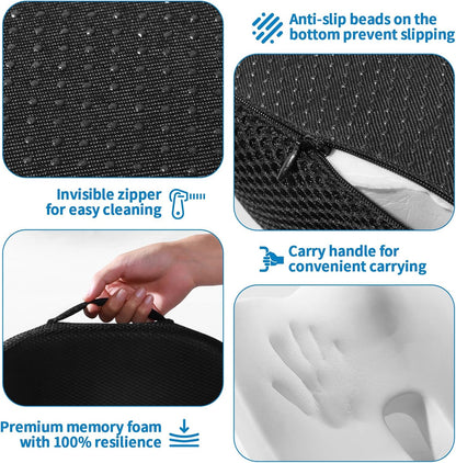 Memory Foam Seat Cushion for Office Chair & Car - Ergonomic Tailbone & Sciatica Pain Relief Pad - Non-Slip Desk Chair Cushion for Long Sitting, Breathable Mesh Pad for Posture Support (Black)