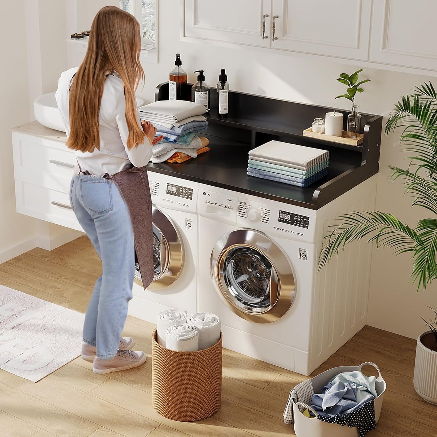 2-Tier Washer Dryer Countertop with 2.75" H Edge Rails, 54" W x 27.55" D Laundry Countertop for Folding Clothes, Washer and Dryer Topper with Non-Slip Pad (Dark Walnut)