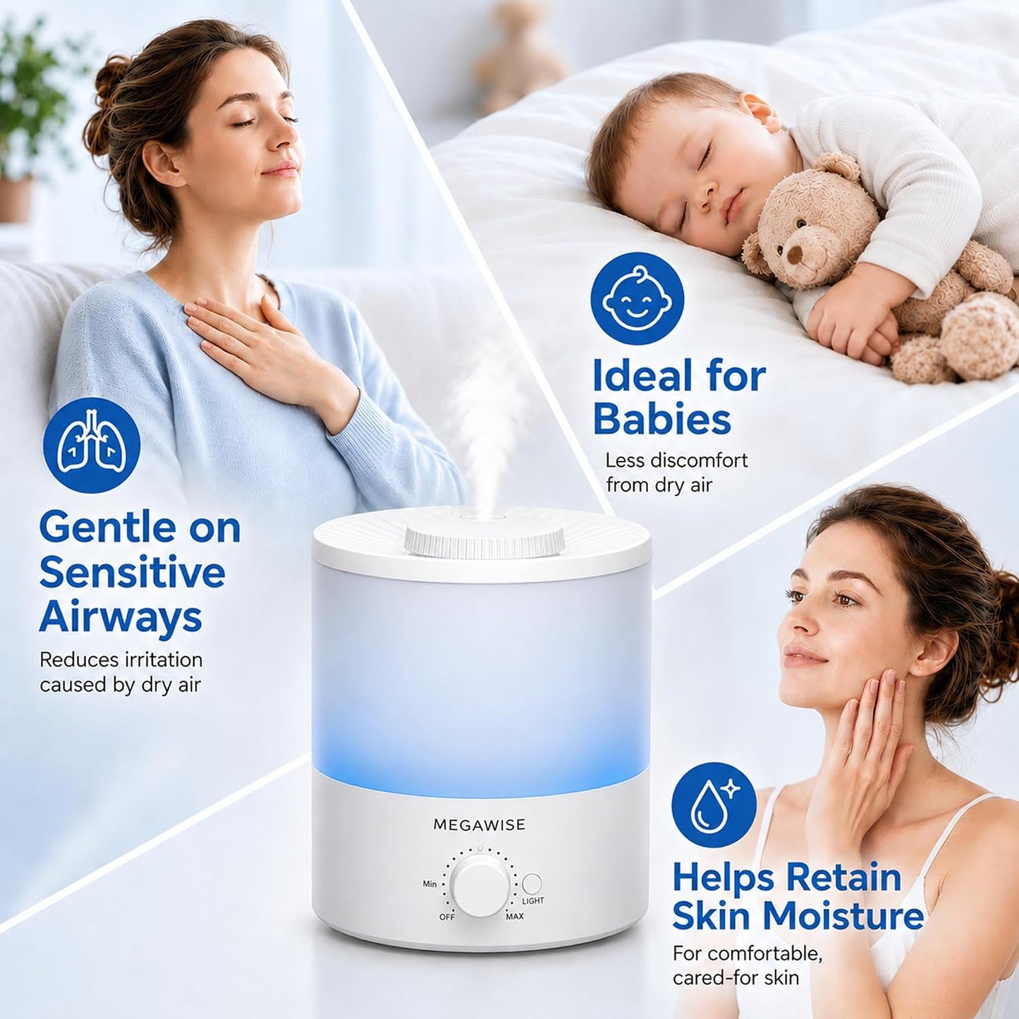 MEGAWISE 3.5L Cool Mist Humidifier – Ultra-Quiet Ultrasonic Vaporizer with Top-Fill Design, Essential Oil Diffuser, 7-Color Night Light & Auto Shut-Off