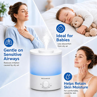 MEGAWISE 3.5L Cool Mist Humidifier – Ultra-Quiet Ultrasonic Vaporizer with Top-Fill Design, Essential Oil Diffuser, 7-Color Night Light & Auto Shut-Off