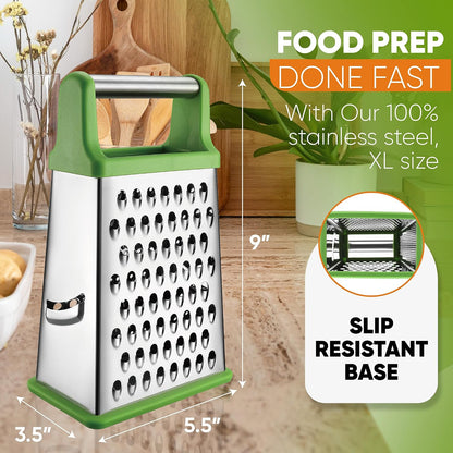 Spring Chef Stainless Steel XL Cheese Grater for Kitchen, Green | 4 Sided Manual Metal Box Grater for Carrot, Potato, Cabbage, Cheese Shredder, Professional Vegetable Grater, Dishwasher Safe