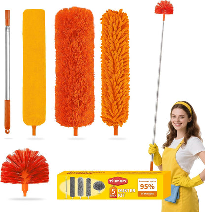 Tiumso Microfiber Feather Duster 5-in-1 Kit, Dusters for Cleaning, Duster with Extension Pole 100 Inches, Cobweb Duster, Microfiber Dusters for High Ceilings and Fans, Blinds, Cars and Furniture