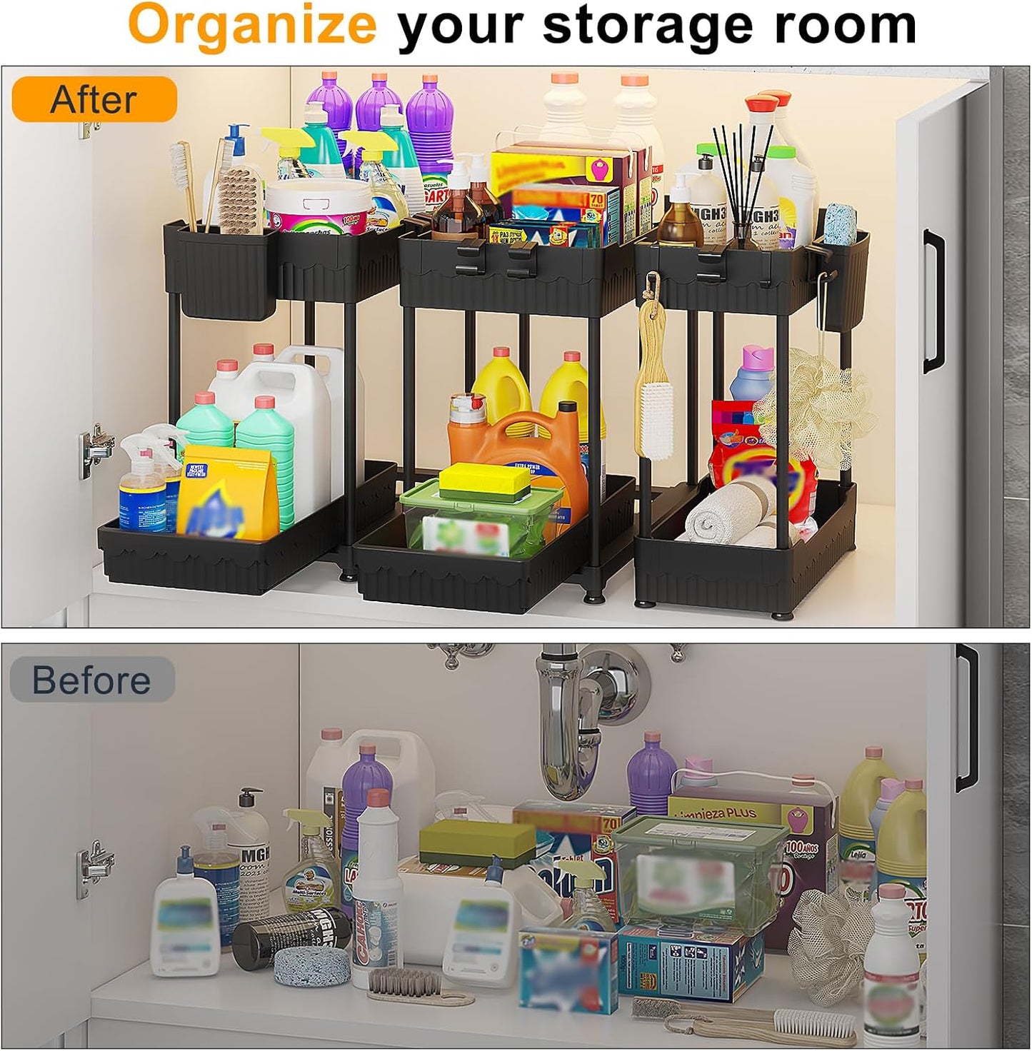 3-Pack 2-Tier Under Sink Organizers with Sliding Drawers | Multi-use kitchen & bathroom storage, 12.8 inch black cabinet organizer, space-saving sliding drawer design.