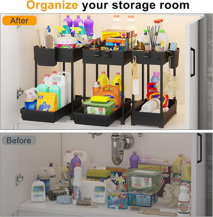 3-Pack 2-Tier Under Sink Organizers with Sliding Drawers | Multi-use kitchen & bathroom storage, 12.8 inch black cabinet organizer, space-saving sliding drawer design.