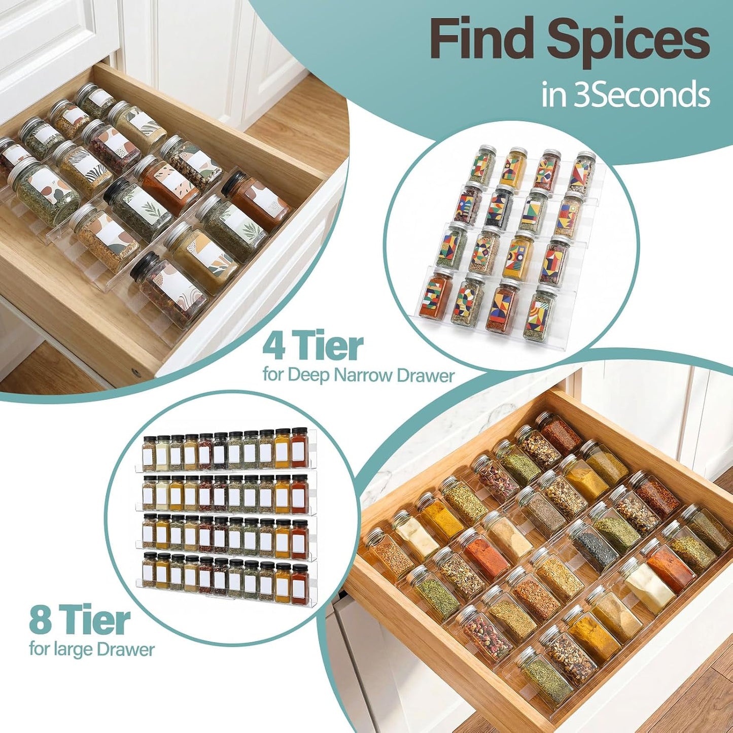 8 Pack Spice Drawer Organizer with 18 Anti-Slip Mats, 13" to 26" Expandable Acrylic Seasoning Organizer Rack Tray Kitchen Spice Rack Drawer Holds up to 56 Jars (Jars Not Included)