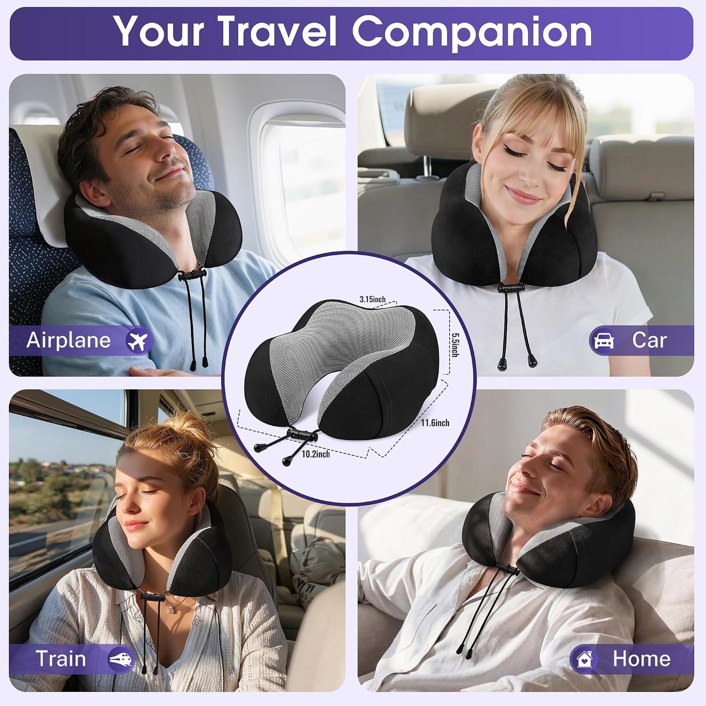 CloudBliss Neck Pillow for Airplanes, Memory Foam Travel Pillow, Black | Compact Flight Pillow with Eye Mask, Earplugs, Carry Bag, Travel Neck Pillow for Long Flight Sleep, Plane Travel Essentials