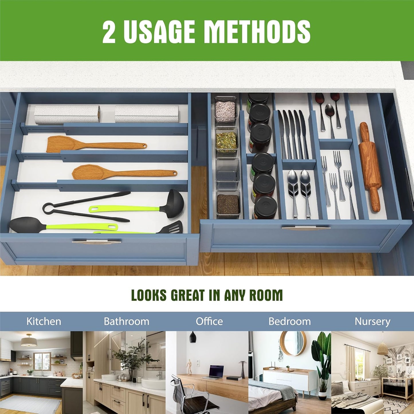 Bamboo Drawer Dividers Organizers, Drawer Separators Splitter,17-22 inches Long Adjustable Spring-loaded Organizer for Large Utensil, Clothes, Tools Drawers(yellow)