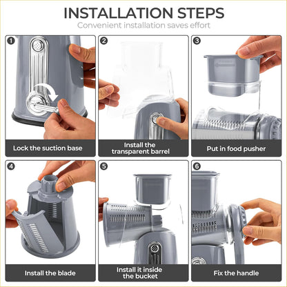 SUSTEAS Rotary Cheese Grater 5 Blades,Kitchen Mandoline Vegetable Slicer | White, Easy to Clean, Strong Suction Base, 5 Blades Storage Box, Round Mandoline Slicer & Food Chopper for Salad