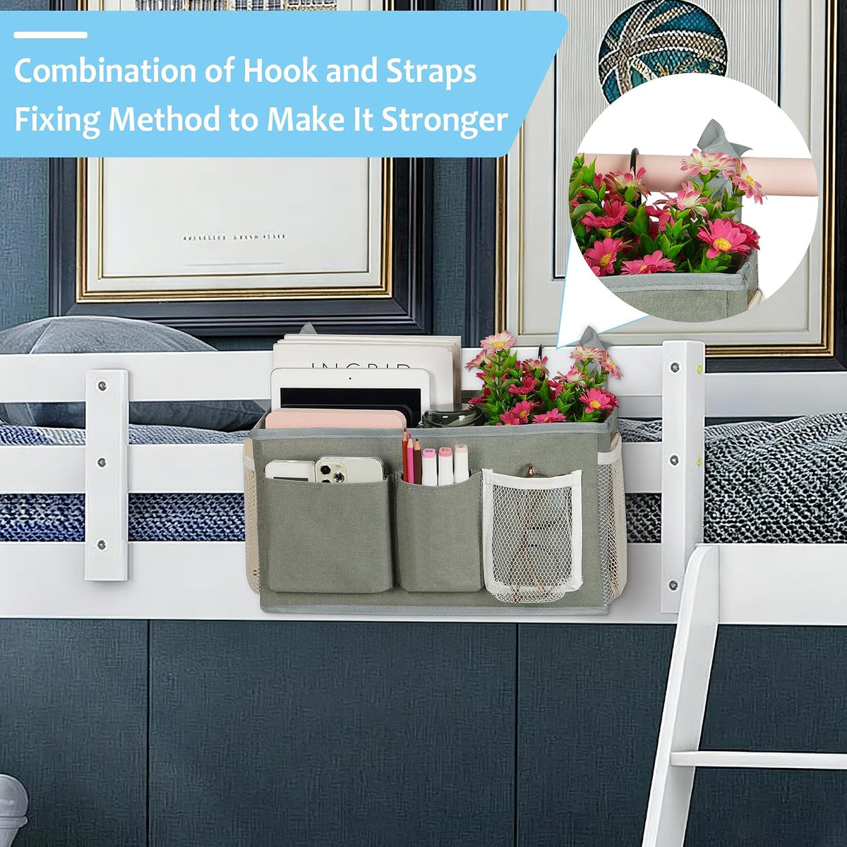 Lilithye Bedside Caddy, Bedside Storage Bag Hanging Organizer for Bunk Bed
