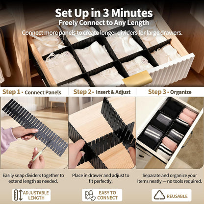 Adjustable Drawer Dividers, Cut-to-Fit DIY Organizers, White,16 Pack | For Tidying Cutlery, Makeup, Clothes and Dresses in Drawers, Desks and Storage Boxes for Kitchen, Bathroom, Bedroom & Office
