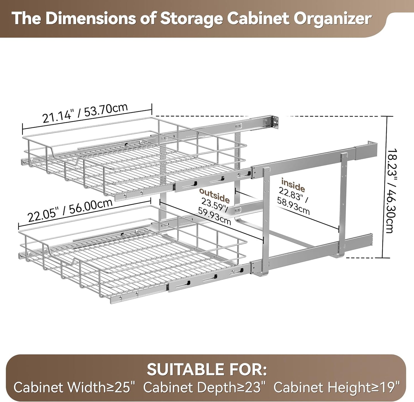 Pull Out Cabinet Organizer 15" W X 22" D, Chromed, Full Slide Out Drawers | For Kitchen Organizers and Storage, Pull Out Drawers For Cabinets Capacity Heavy Duty Caddy, Cabinet Shelves, Bathroom Pantry