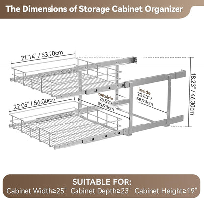 Pull Out Cabinet Organizer 15" W X 22" D, Chromed, Full Slide Out Drawers | For Kitchen Organizers and Storage, Pull Out Drawers For Cabinets Capacity Heavy Duty Caddy, Cabinet Shelves, Bathroom Pantry