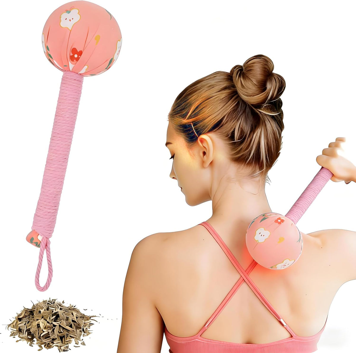 Wormwood Mugwort Massage Hammer 26cm, Manual Lymphatic Drainage Tool, Handheld Percussion Massager for Full Body Muscle Tension Relief (1, Pink)