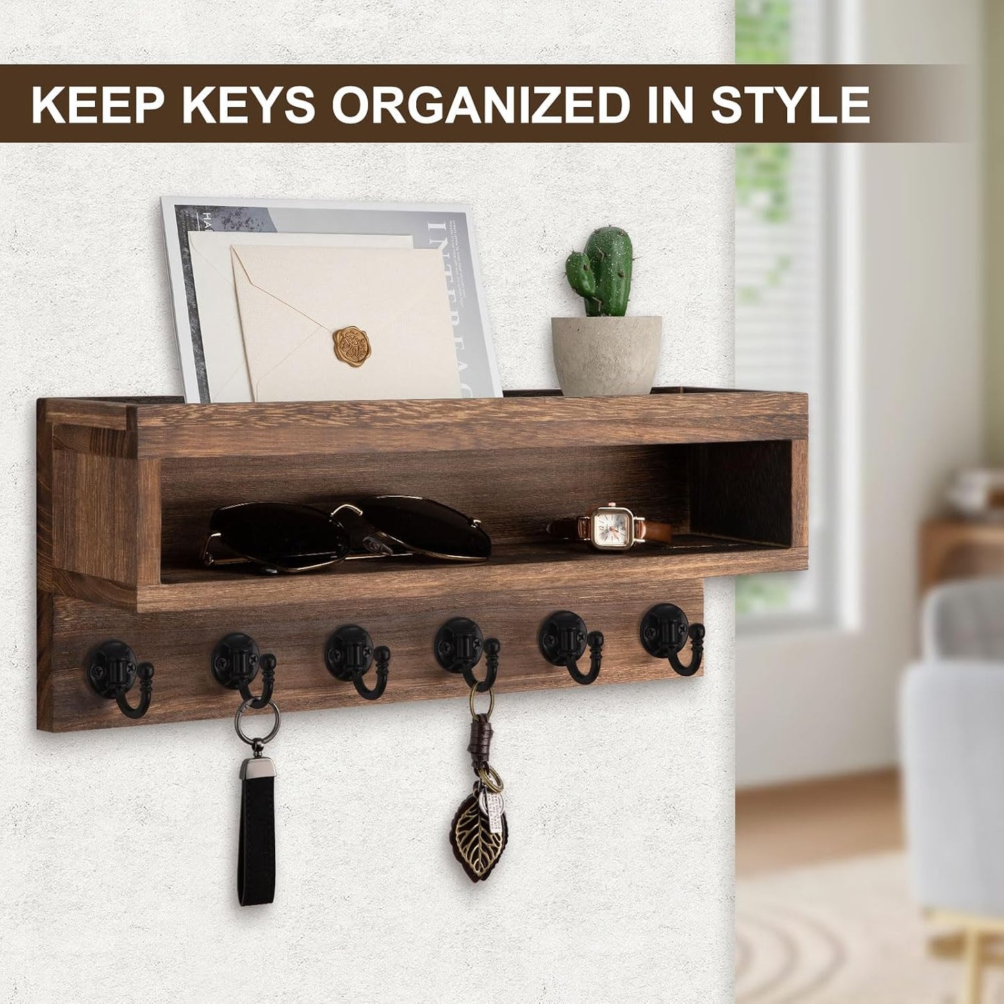Key and Mail Holder Wall Mount with Long Storage Box and 6 Hooks | Key Holder For Coat, Dog Leash, Home Decor Rack, Entry Way Organizer