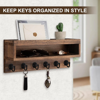 Key and Mail Holder Wall Mount with Long Storage Box and 6 Hooks | Key Holder For Coat, Dog Leash, Home Decor Rack, Entry Way Organizer