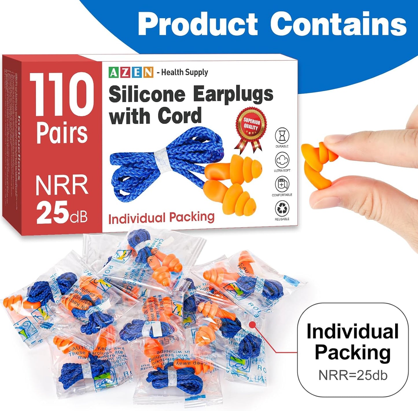 AZEN 55 Pairs Silicone Ear Plugs, Reusable Earplugs for Noise Reduction, 25dB NRR Corded Ear Plug for Sleeping Noise Cancelling, Ear Plug with String Individual Packing