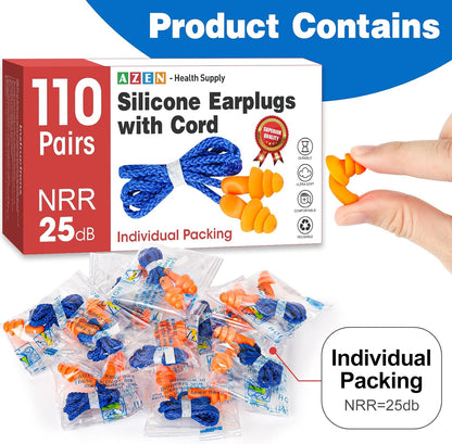 AZEN 55 Pairs Silicone Ear Plugs, Reusable Earplugs for Noise Reduction, 25dB NRR Corded Ear Plug for Sleeping Noise Cancelling, Ear Plug with String Individual Packing