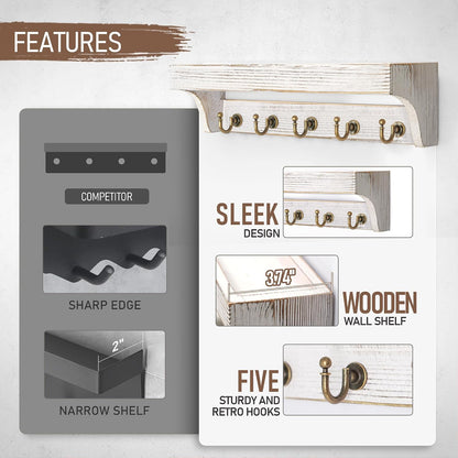 Rebee Vision Key Holder Wall Mount with 5 Hooks for Entryway, Retro Brown | Display Shelf for Plant & Letters, Key Shelf for Hats, Dog Leashes, Mail Organizer, Decorative Entryway & Living Room
