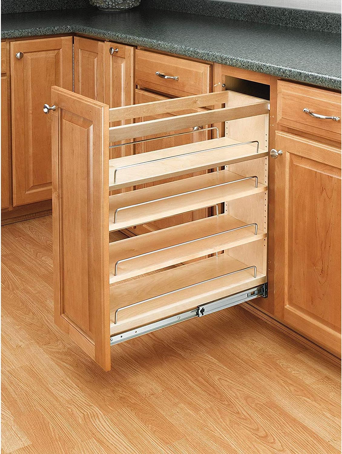 Rev-A-Shelf Pullout Kitchen Cabinet Organizer, Min Cabinet Opening 5.5" W | 5" W Slide Out Pantry Spice or Utensil Storage Rack with Adjustable Shelves for Base Cabinet Organization, 448-BC-5C