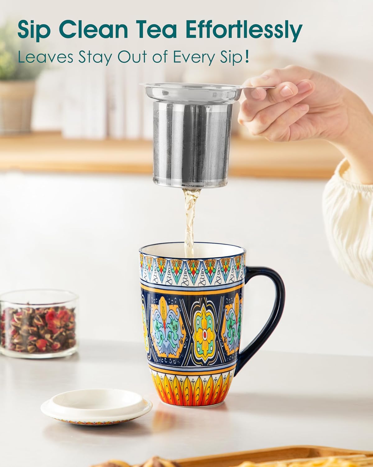 vancasso 18 Oz Tea Infuser Mug with Lid, Mint Petal Whirl | Eye catching Bohemian pattern, adds charm to any tea corner, ceramic mug with infuser, microwave and dishwasher safe