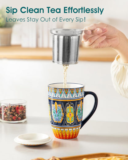 vancasso 18 Oz Tea Infuser Mug with Lid, Mint Petal Whirl | Eye catching Bohemian pattern, adds charm to any tea corner, ceramic mug with infuser, microwave and dishwasher safe