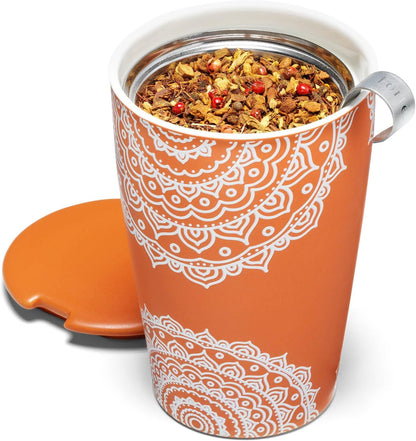 Tea Forte Double-Walled Ceramic Kati Cup, Noir, 12 oz | Insulated Ceramic - Stainless Steel Loose Leaf Infuser - Keeps Tea Hot Longer - Lid Included - Microwave & Dishwasher Safe