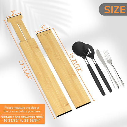 BAMEOS Bamboo Expandable Drawer Dividers – Fits 16.6"–22" Drawers, 2" High, Set of 4 | Spring-Loaded Bamboo Separator for Kitchen Island, Bathroom Vanity & Dresser Drawers