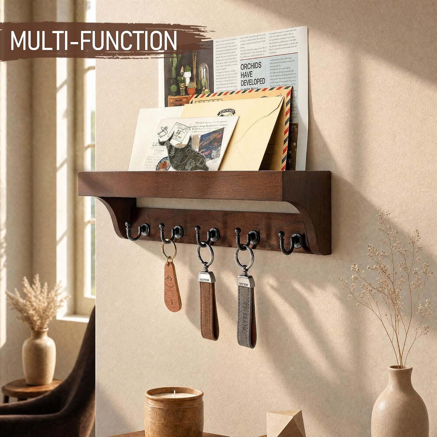 Rebee Vision Key Holder Wall Mount with 5 Hooks for Entryway, Retro Brown | Display Shelf for Plant & Letters, Key Shelf for Hats, Dog Leashes, Mail Organizer, Decorative Entryway & Living Room
