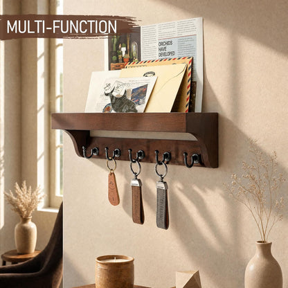 Rebee Vision Key Holder Wall Mount with 5 Hooks for Entryway, Retro Brown | Display Shelf for Plant & Letters, Key Shelf for Hats, Dog Leashes, Mail Organizer, Decorative Entryway & Living Room