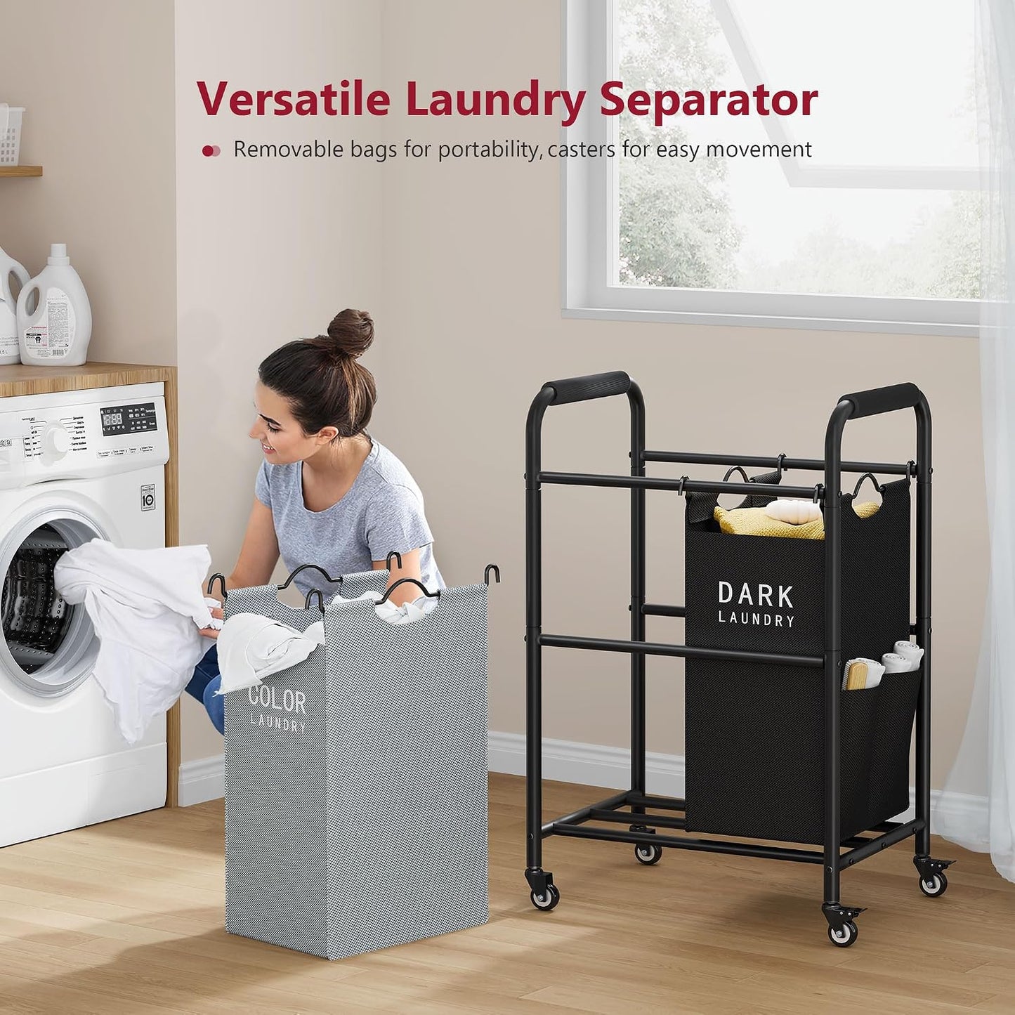 2 Bag Laundry Sorter Cart, Black & Grey | 50lbs Large Capacity, Removable Laundry Bags, Heavy Duty Lockable Rolling Wheels, Laundry Hamper Basket for Clothes Storage