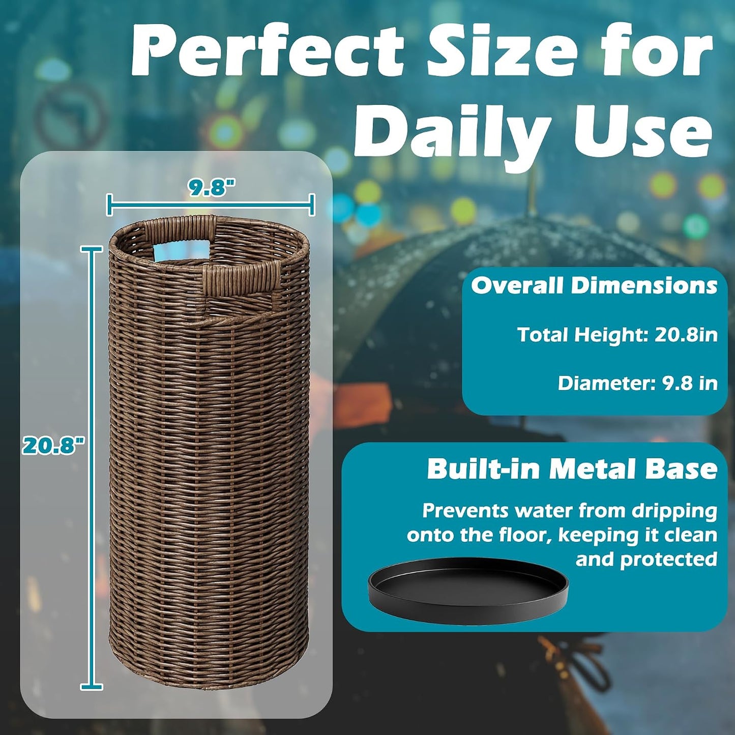 Rattan Umbrella Holder 21"H X 10"D, Handmade Wicker Umbrella Stand Indoor with Dip Tray, Sturdy Umbrella Holders for Entryway, Umbrella Bucket Fits Mudroom,Walking Canes,Home,Office (Brown)