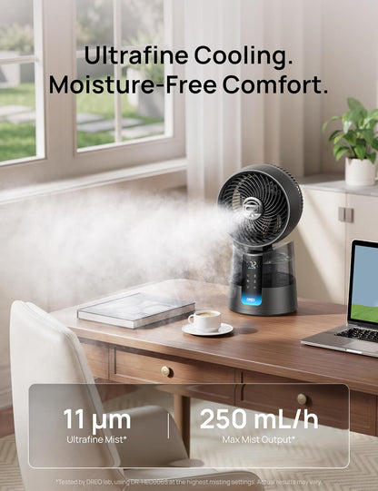 DREO TurboCool Misting Fan 516, 5℉ Drop Cooling Fans that Blow Cold Air | 150°+30° Omni-directional Oscillating, Evaporative air cooler, 26 ft/s Wind, Ultrafine Mist, 20dB, 6 Speeds 2 Modes, White