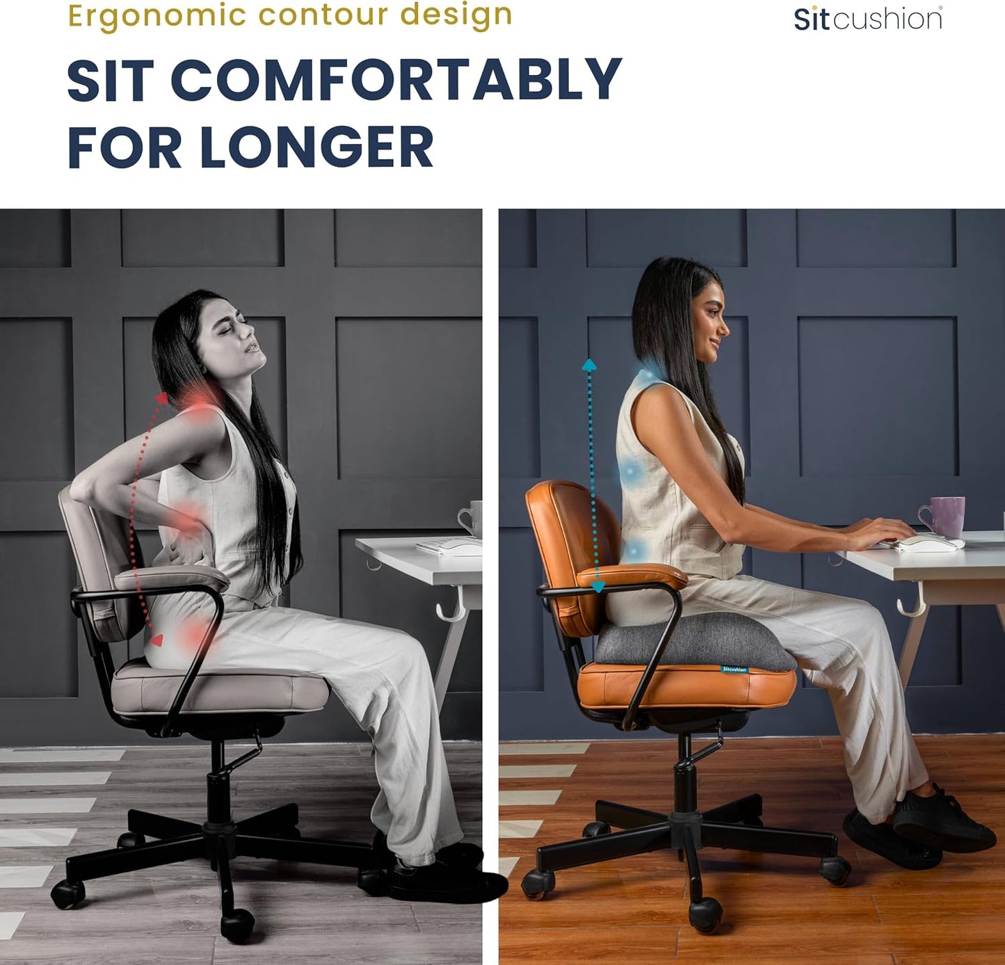 SitCushion Extra Large Memory Foam Seat Cushions for Office Chairs, Pressure Relief Seat Cushion for Tailbone Pain Relief, Sciatica & Back Pain, Ergonomic Office Chair Cushion for Long Sitting (Black)