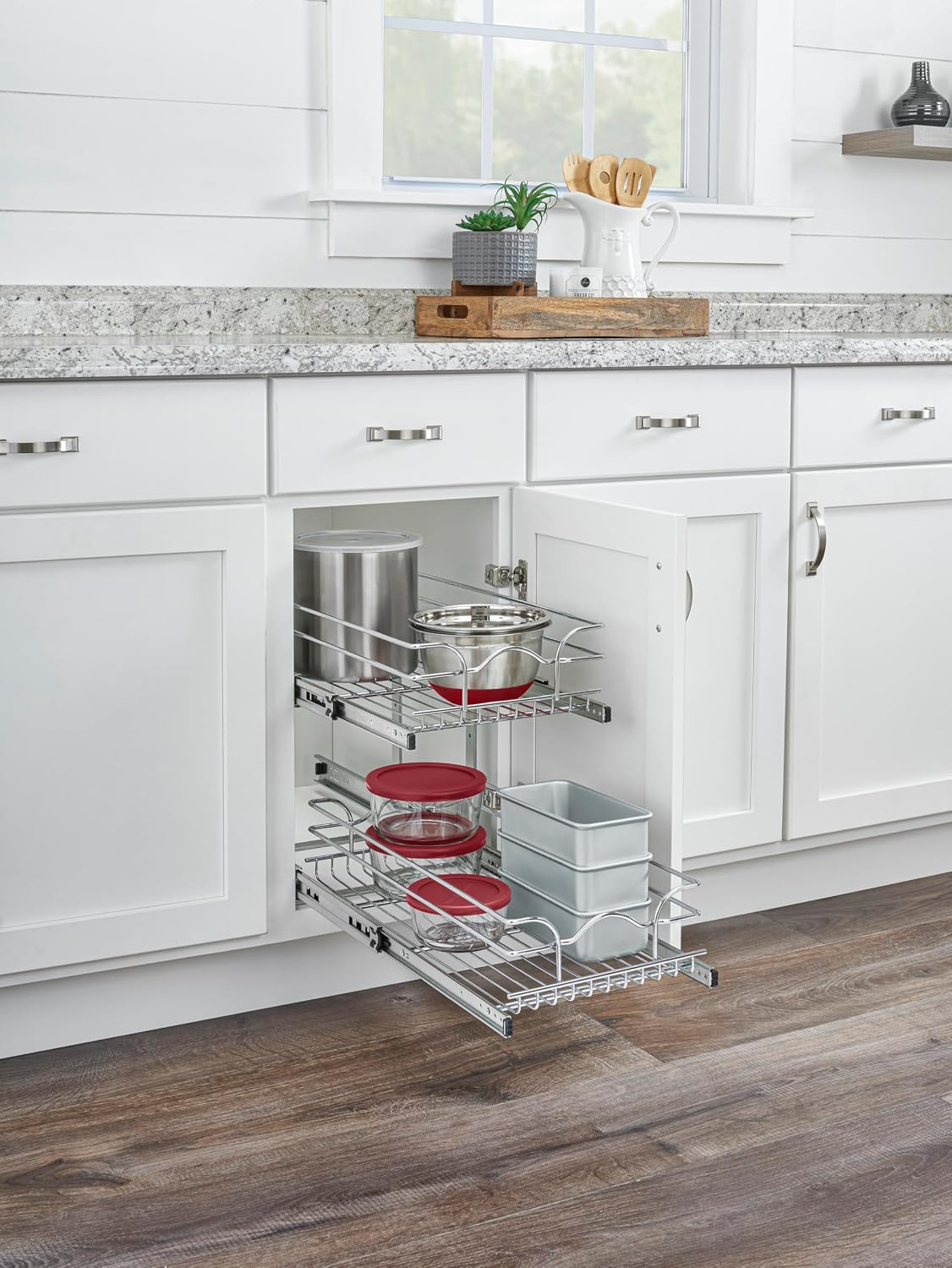 Rev-A-Shelf Pullout Organizer for Cabinets, Min Opening Width of 18" | STwo-Tier Steel Shelf for Kitchen or Vanity Cabinet Organization, Heavy Gauge Wire Slide Out Storage Basket, 5WB2-1822CR-1