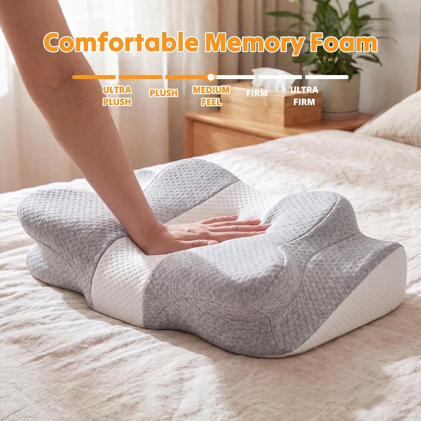 NEWBULIG Cervical Neck Pillow, Ergonomic Contour Memory Foam and Detachable Roll Pillow for Neck Pain Relief Side Back Stomach Sleepers with Cooling Breathable Cover