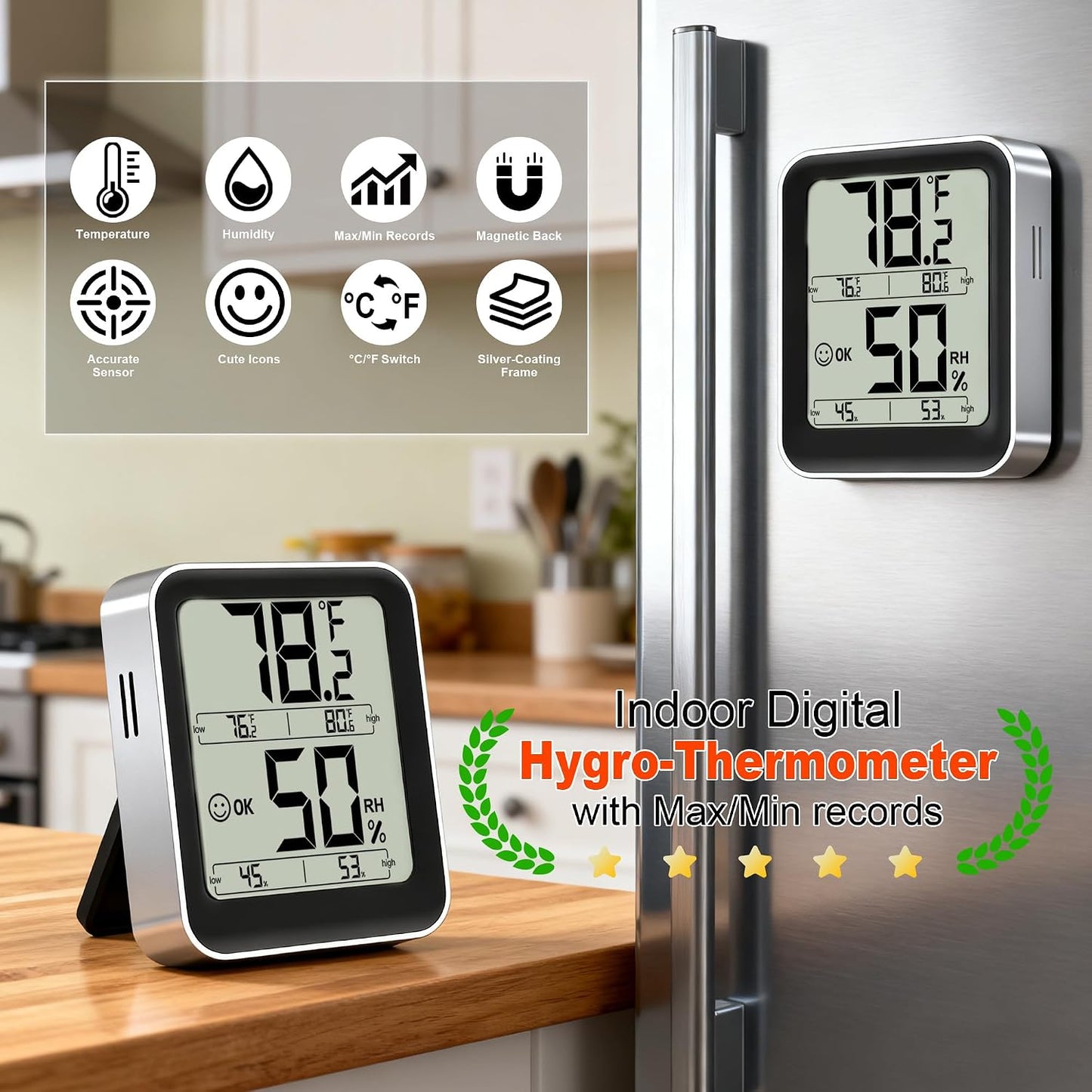 Indoor Thermometer Hygrometer, Max Min Records, w/Battery | Real-time comfort indicator, 5s refresh, Easy To View, Magnetic/Stand, °F/°C switch for home, office, nursery, greenhouse
