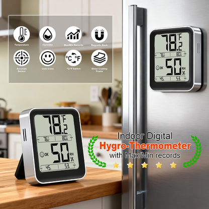 Indoor Thermometer Hygrometer, Max Min Records, w/Battery | Real-time comfort indicator, 5s refresh, Easy To View, Magnetic/Stand, °F/°C switch for home, office, nursery, greenhouse