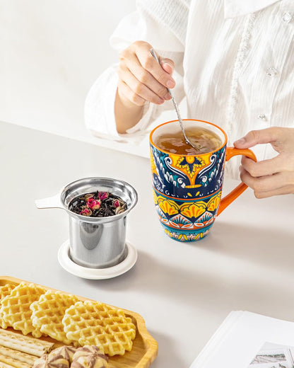 vancasso 18 Oz Tea Infuser Mug with Lid, Mint Petal Whirl | Eye catching Bohemian pattern, adds charm to any tea corner, ceramic mug with infuser, microwave and dishwasher safe