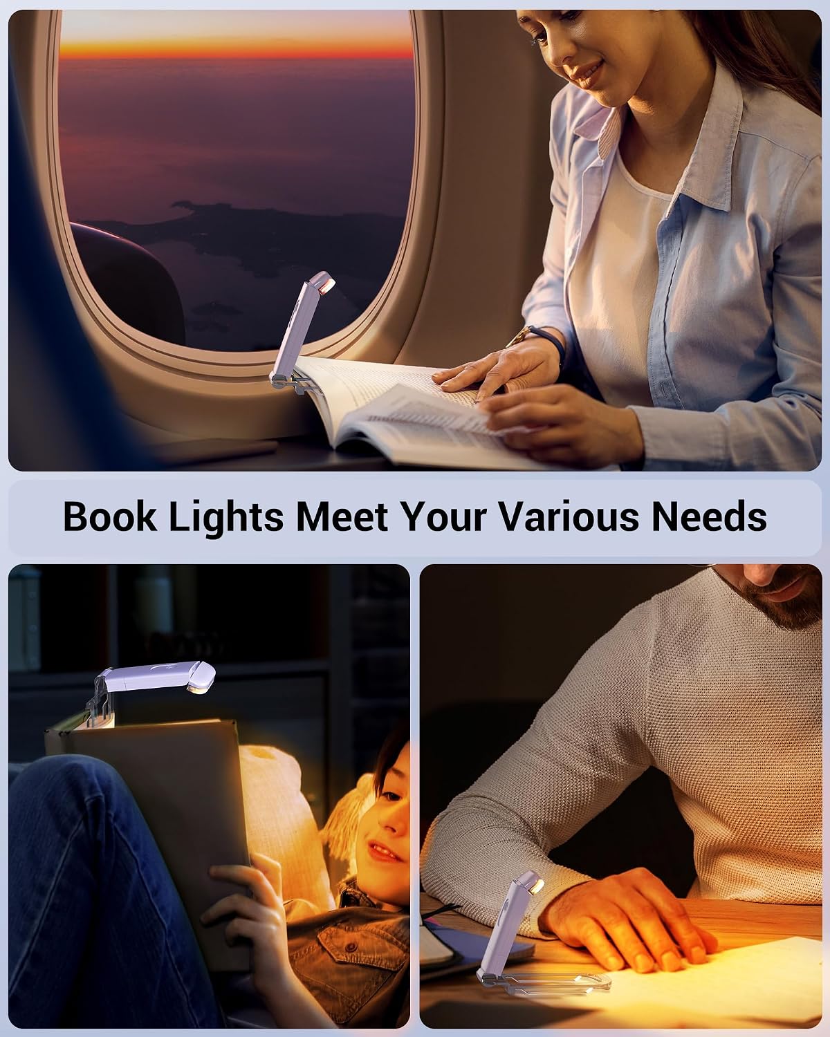 DEWENWILS USB Rechargeable Book Reading Light, LED Clip on Booklight Green | Blue Light Blocking, Amber & Warm White, Flexible Lighting Angle, Compact & Lightweight for Plane, Train, Car Traveling
