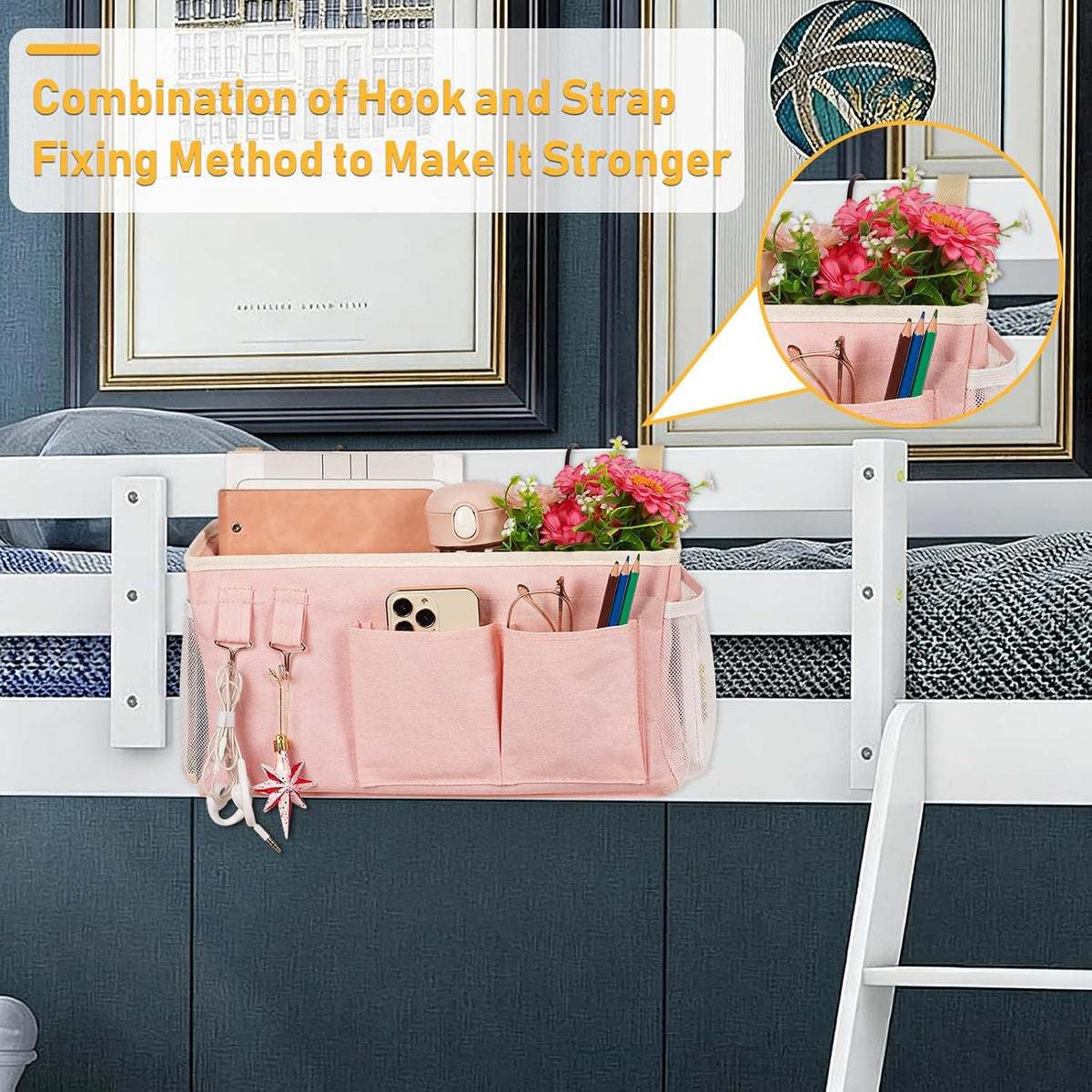 Lilithye Bedside Caddy, Bedside Storage Bag Hanging Organizer for Bunk Bed