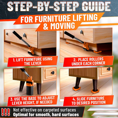 660 lb Furniture Movers with Wheels for Heavy Items (Red) | Heavy Duty Furniture Lifter Tool with 4 Sliders & 13" Lever for Hardwood, Tile & Laminate; Move Sofas, Beds & Refrigerators