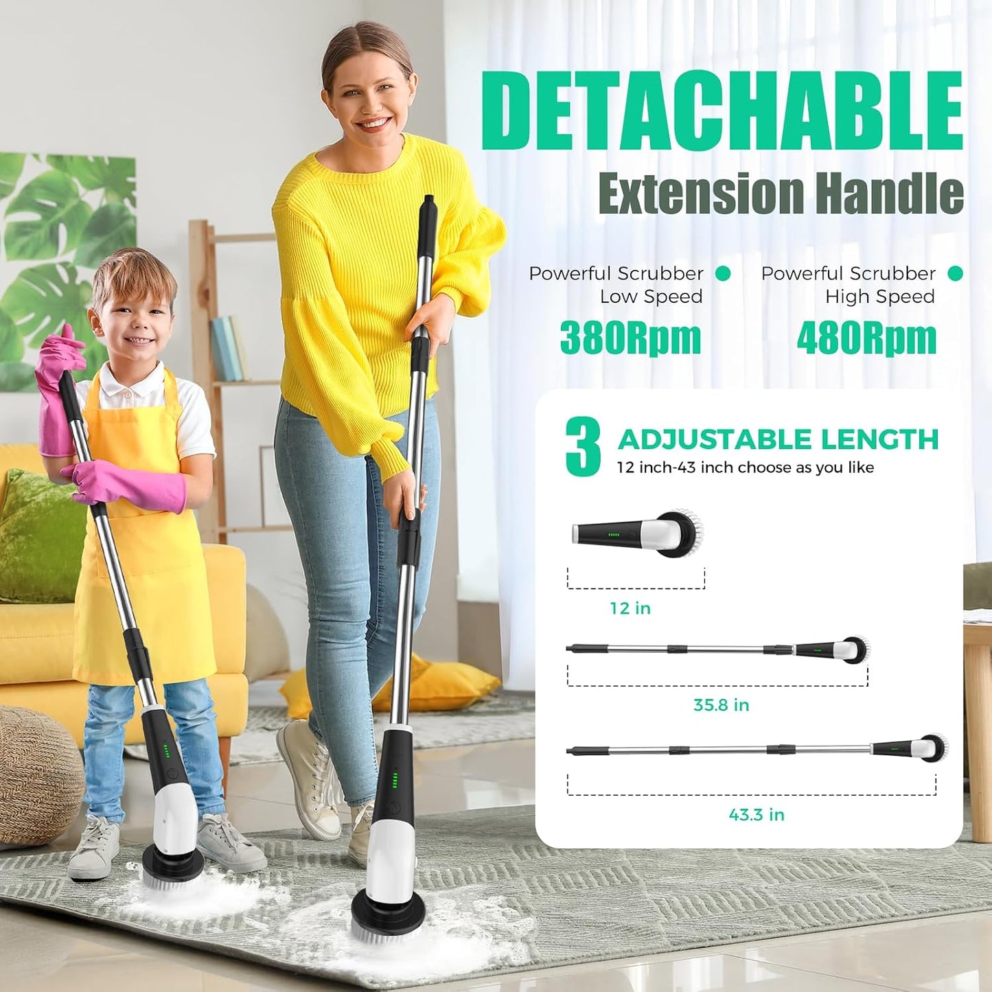 YKYI Electric Spin Scrubber, Cordless Power Cleaning Brush with Long Handle | 8 Brush Heads, 3 Handle Lengths, 2 Speeds, IPX7 Waterproof, 100-Minute Runtime for Tubs, Tile, Floors, Grout, Glass and Cars