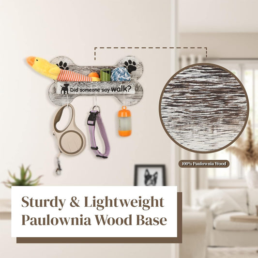 J JACKCUBE DESIGN Rustic White Bone Shape Wall Mounted Dog Leash Holder with 3 Key Holder Hooks and Extra Storage Compartment Box Shelf for Pet Treats, Accessories and more - MK679A
