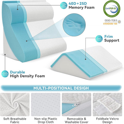 Kingfun 4PCS Orthopedic Bed Wedge Pillow Set for Sleeping, Post Surgery Memory Foam Support Pillows for Back, Neck and Leg Pain Relief, Adjustable Triangle Pillow - Acid Reflux, Anti Snoring & GERD