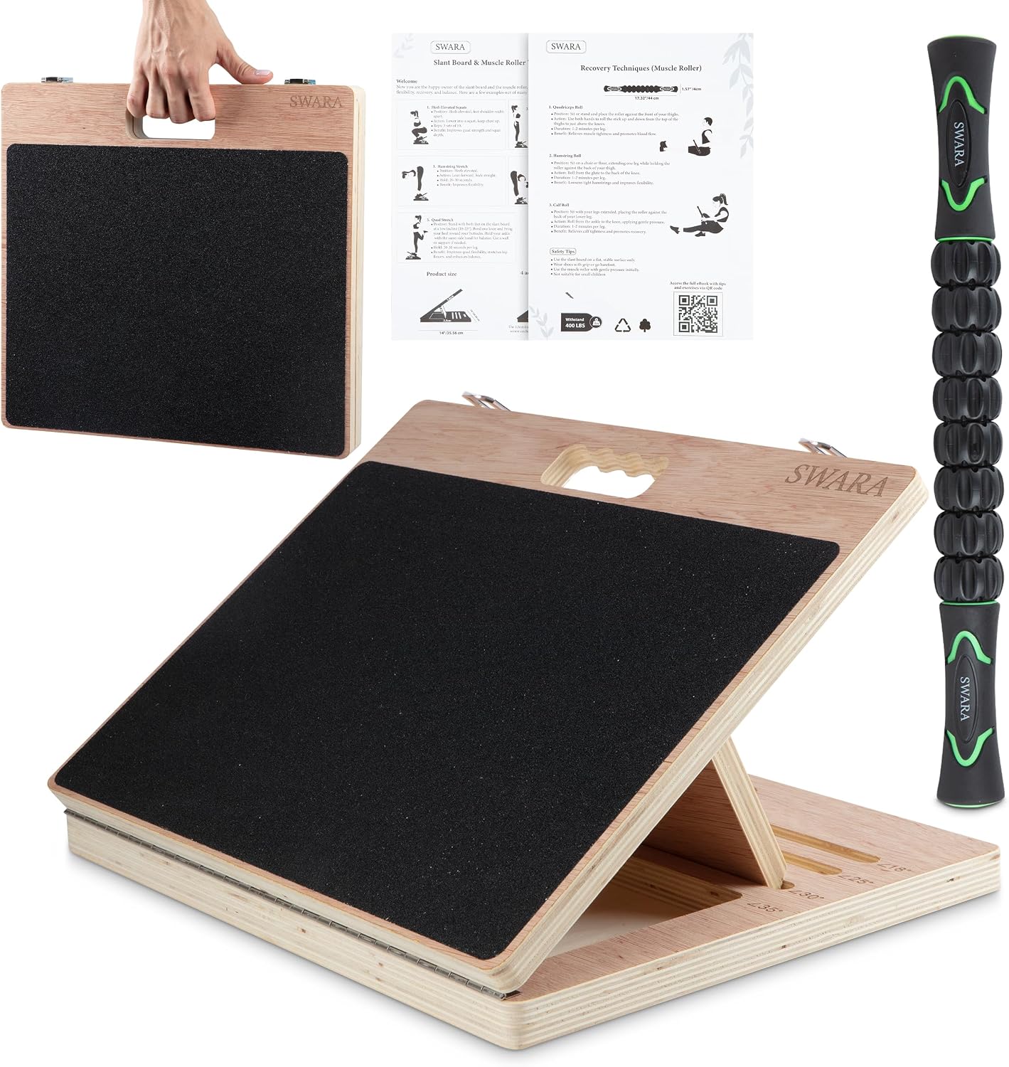 Swara 17″ Wide Wooden Slant Board for Calf Stretching & Squats, Foldable | Adjustable Calf Stretcher with Thicker Base, Foldable Wide Slant Board, Exercise Guide, Free Muscle Roller and 400lb Capacity